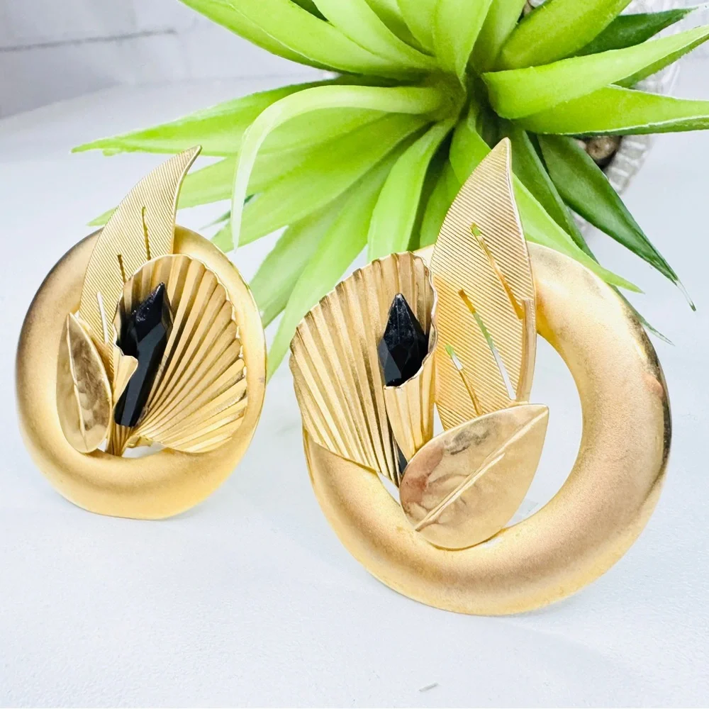 Vintage 80s Art Deco Satin Gold Tone Black Crystal Abstract Leaf Clip Earrings
